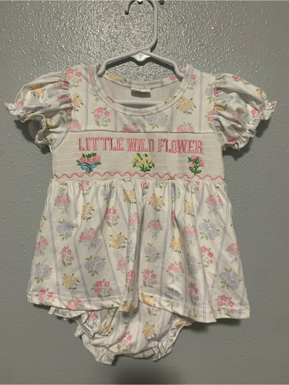 Little Wild Flower Floral Baby Dress and Bloomer Set - White with Pastel Flowers